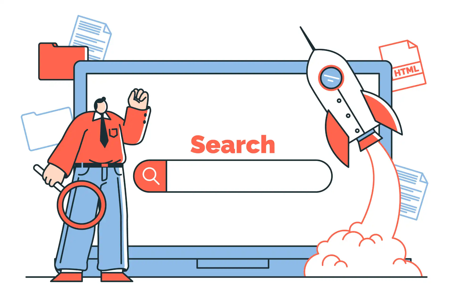 Ilustração sobre estratégias de SEO para roubar o Featured Snippet dos concorrentes, com um personagem ao lado de um computador e um foguete.